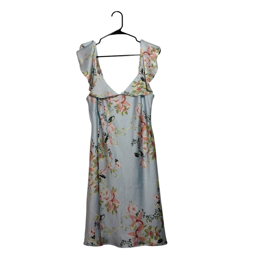 Bebe Printed Bubble Satin Mini Dress Light Blue Floral Romantic Women's Large - Picture 3 of 9